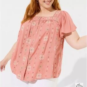 Torrid Beach Linen Eyelet Trim Shirt Peach Womens Plus Size 4 4X 26
